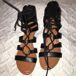 American Eagle Black Lace-up & Zip Wedge Sandals